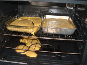 broken glass pan dripping batter in the oven